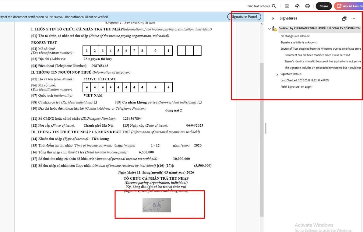 Hướng dẫn ký số tờ khai thuế thu nhập cá nhân